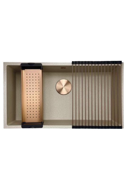 GraniteMy Universal gránit bézs homok mosogató 74x40 cm felépítményes, alépítményes és síkba építhető, réz dugóval 1208968019