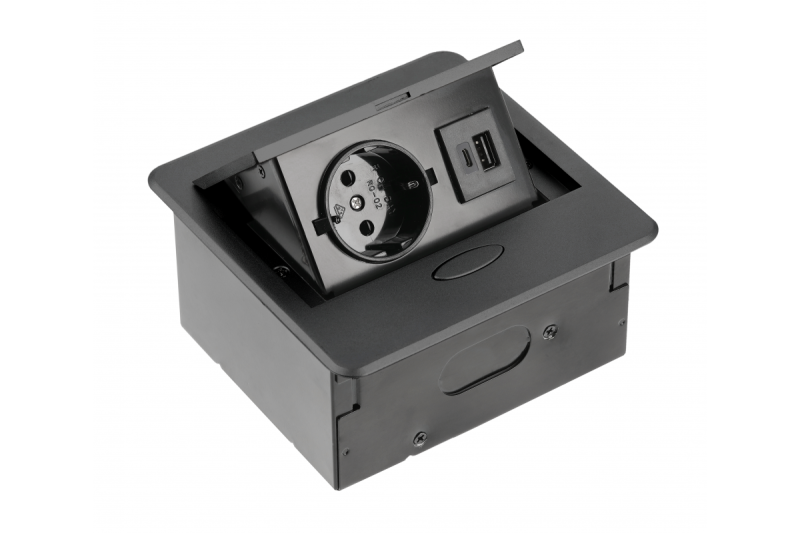 AVARO Süllyesztett Bútor Aljzat, 1x Schuko Aljzat, USB A+C, 1.5m Kábel, Fekete