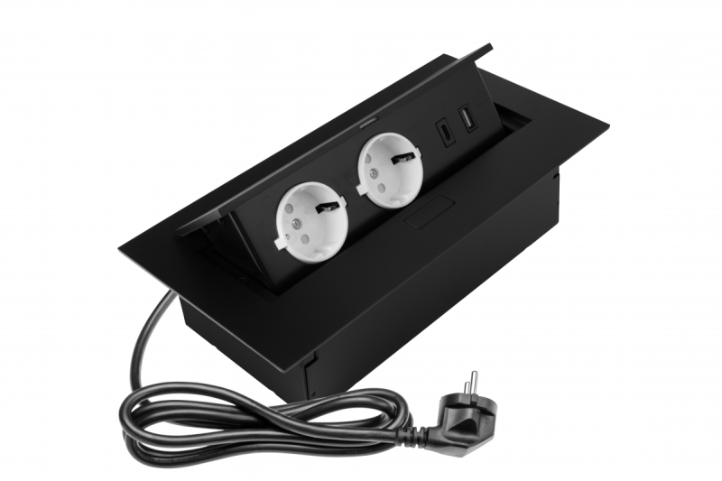 Bútor aljzat 2x schuko aljzat, USB A+C, kábel nélkül, fekete