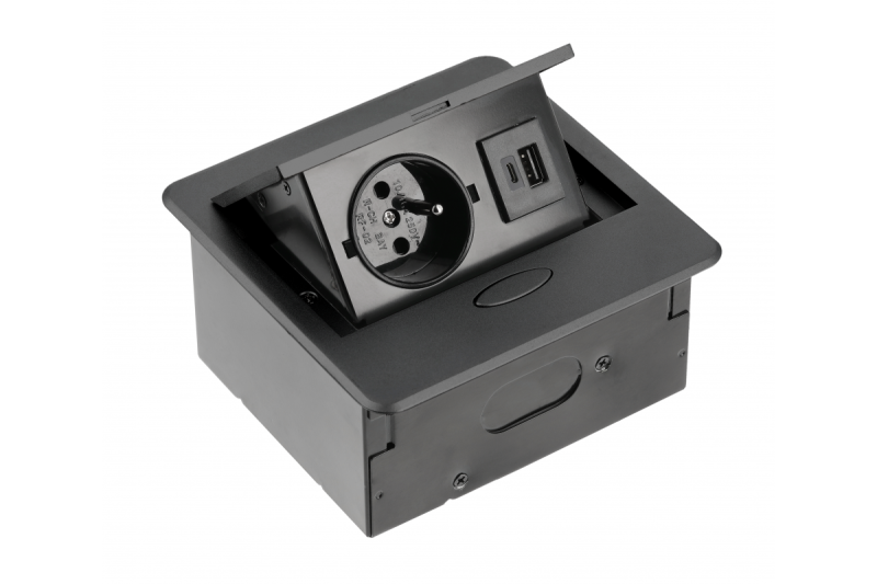 AVARO Süllyesztett Bútor Aljzat, 1x Francia Aljzat, USB A+C, 1.5m Kábel, Fekete