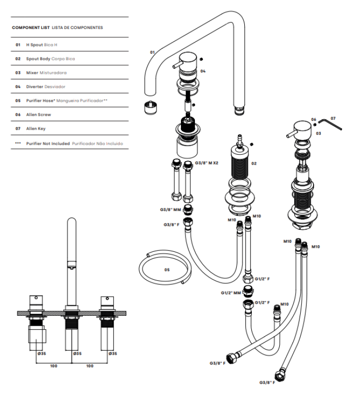 Waterevolution Flow 3-lyukú szögletes konyhai keverőcsap forgatható kifolyóval és szűrt víz csatlakozással króm T152H01