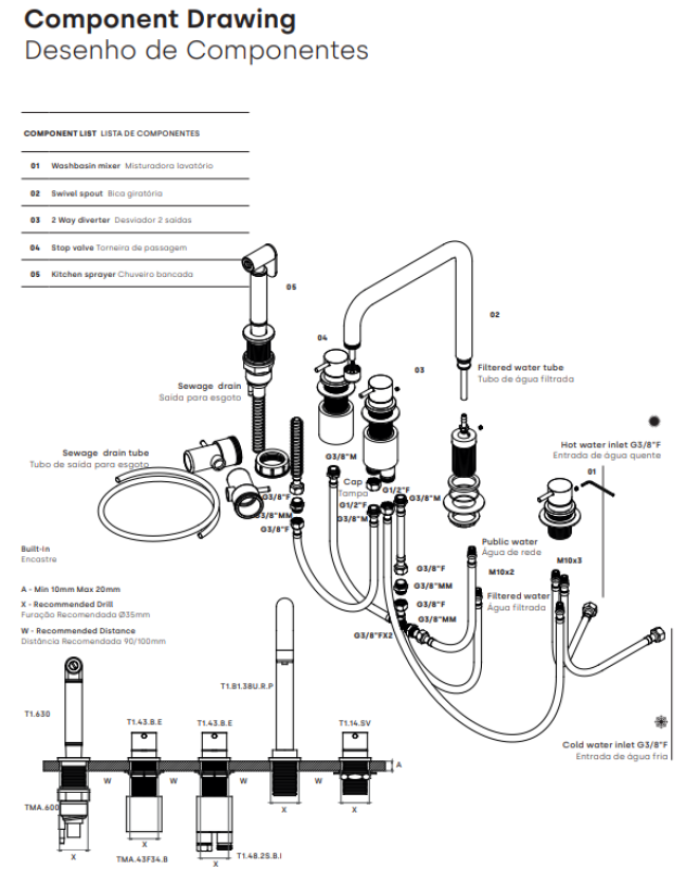 Waterevolution Flow 5-lyukú szögletes konyhai csaptelep kihúzható szórófejjel és szűrt víz csatlakozással, rozsdamentes acél T154HIE