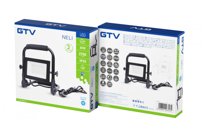 NELI Hordozható Reflektor, LED, 30W, 2700lm, 6400K, AC220-240V, IP65, 1,5m kábel