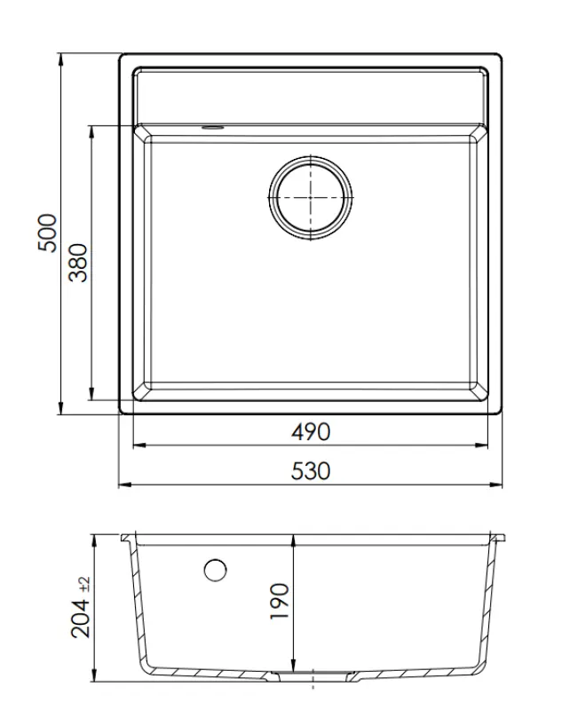 GraniteMy Bremen Granit Mosogató 53x50 cm Fekete - Felületre szerelhető, Alulról szerelhető és Síkba építhető csaplyukkal és Arany Dugóval 1208969969