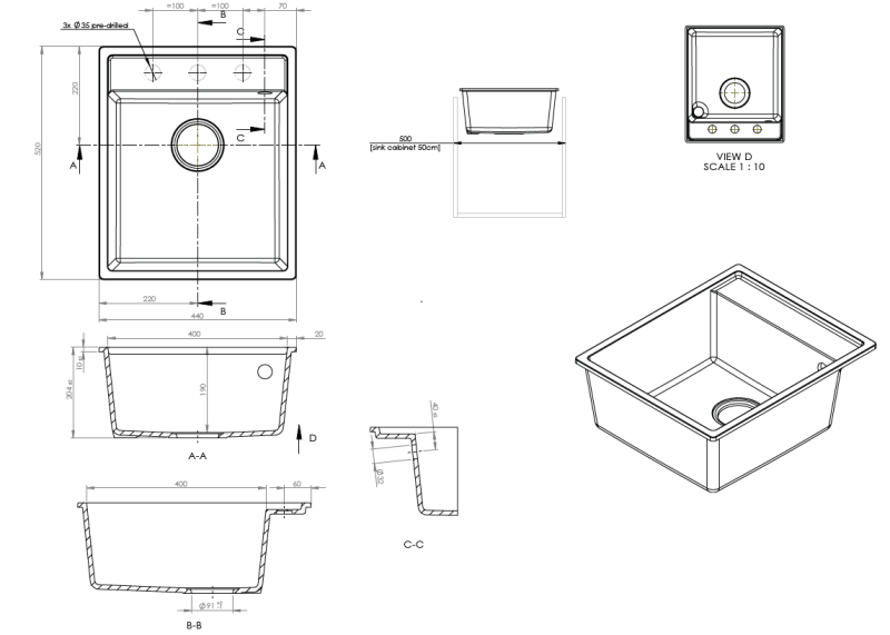 GránitMy Bremen Gránit Mosogató 44x52 cm Fekete – Felületi, Alsó és Síkba Építhető Kivitel Rozsdamentes Acél Dugóval és Csaptelephellyel 1208969991