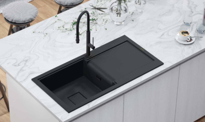 GraniteMy Zafiri Fekete Gránit Mosogatótálca 97x50 cm Csepegtetővel, Megfordítható, Fekete Négyzet Alakú Lefolyófedéllel 1208969997