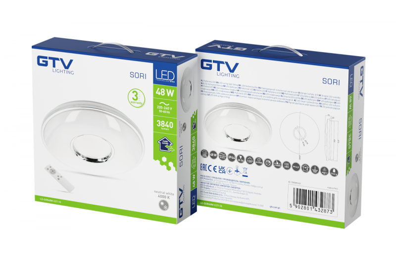 SORI LED mennyezeti lámpa, Ø490mm, CCT, 48W, 3840lm, AC180-250V, 50/60 Hz, PF>0,9, IP54, távirányító, fehér, 3 év garancia.