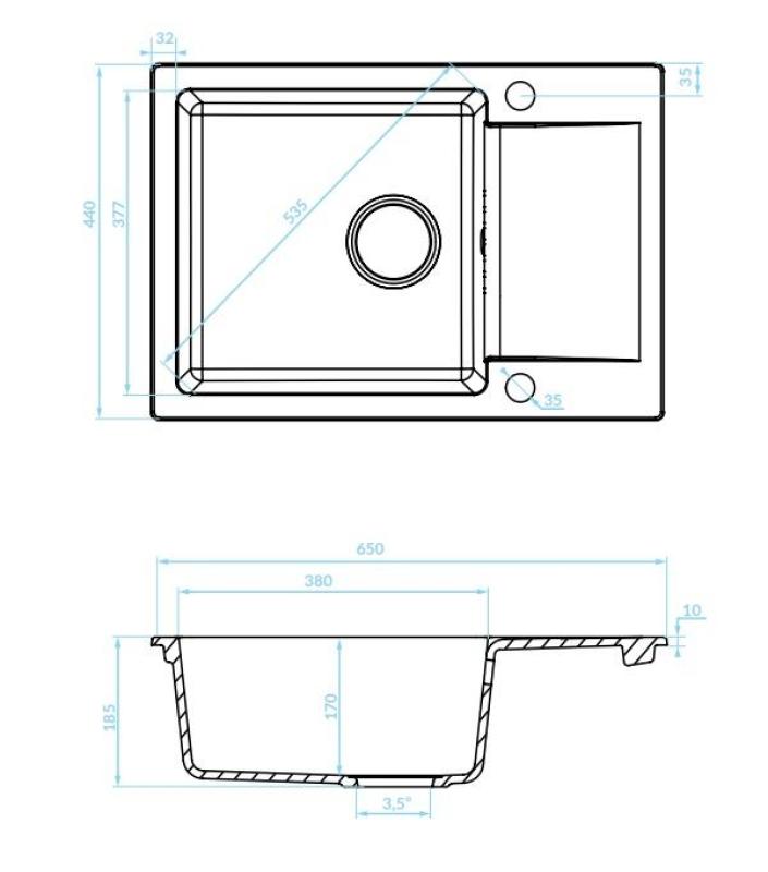 Aquadesign Kensley Set - Gránit beépíthető mosogató szürke, kis csepegtető résszel és konyhai csapteleppel, 65 x 44 cm 1208970086