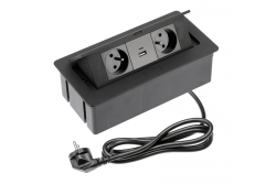 Bútor aljzat SOFT 2x aljzat földeléssel, USB A+C, tápkábel csatlakozóval, fekete.
