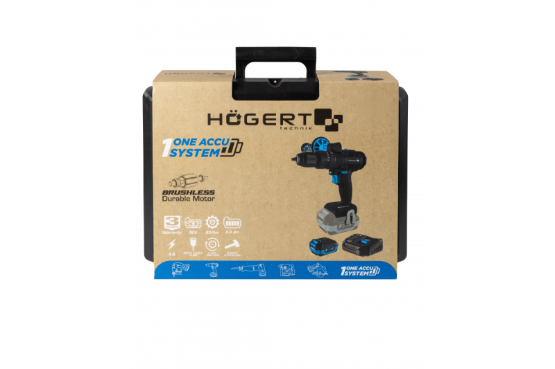 HÖGERT akkumulátoros ütvefúró készlet, 18V téglához, kőhöz, fához, fémhez és műanyaghoz.