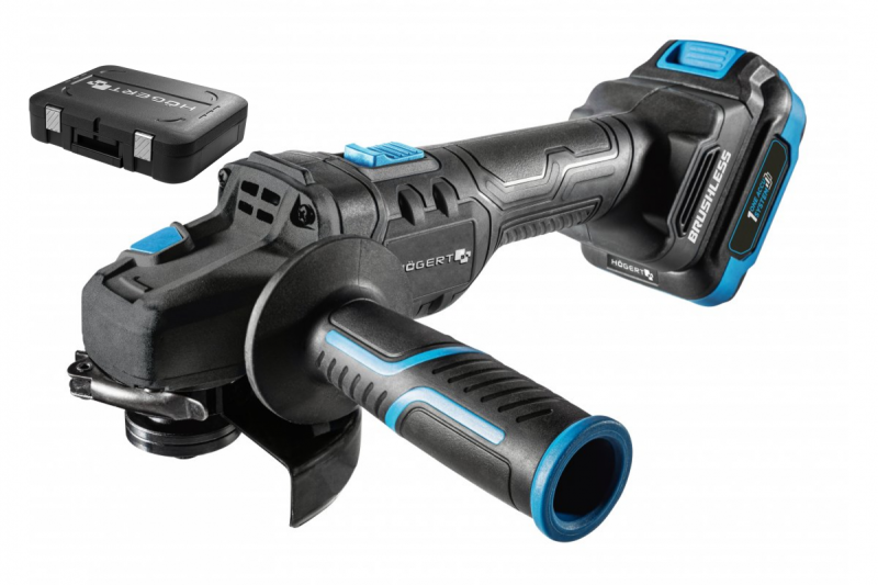 HÖGERT Vezeték nélküli sarokcsiszoló pedálkapcsolóval, 125MM, 18V, készlet akkumulátorral, töltővel, tartozékokkal