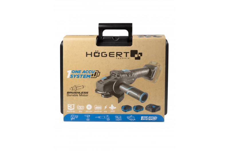HÖGERT Vezeték nélküli sarokcsiszoló pedálkapcsolóval, 125MM, 18V, készlet akkumulátorral, töltővel, tartozékokkal