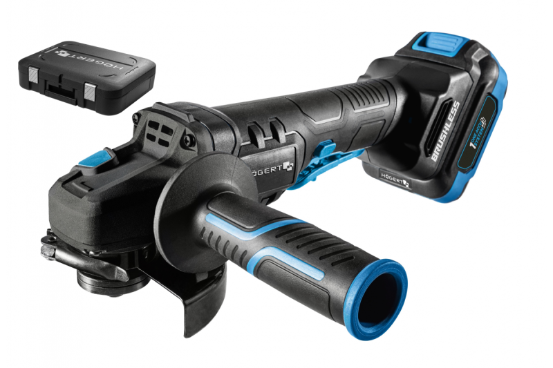 HÖGERT Akkumulátoros sarokcsiszoló paddle kapcsolóval, 125MM, 18V - Készlet (akkumulátor, töltő, tartozékok)