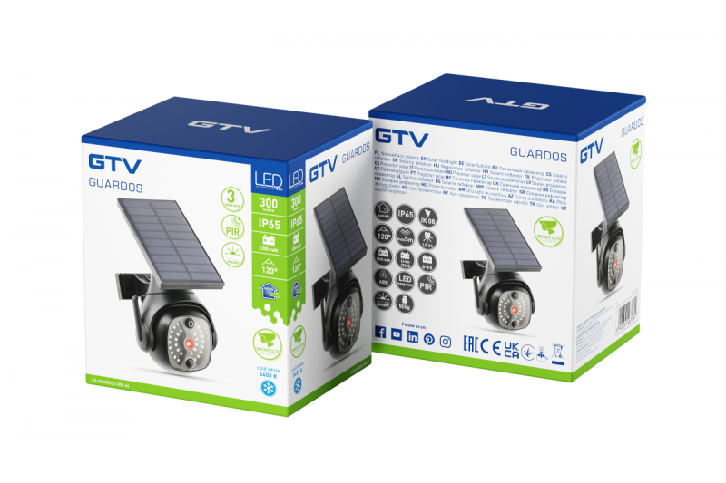 Napárvíz fény mozgás- és alkonyatérzékelővel, GUARDOS, LED, 300lm, 6400K, 1200mAh, IP65, dummy kamera