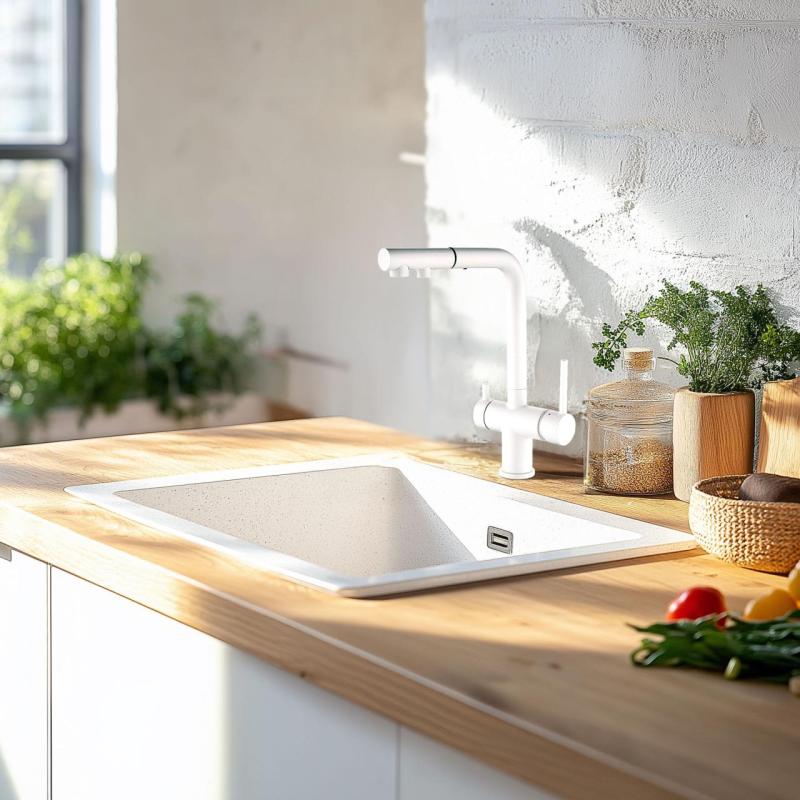 Ausmann Ellington 3-utas konyhai csaptelep kihúzható kifolyóval és szűrt vízzel – Fehér - 1208970496