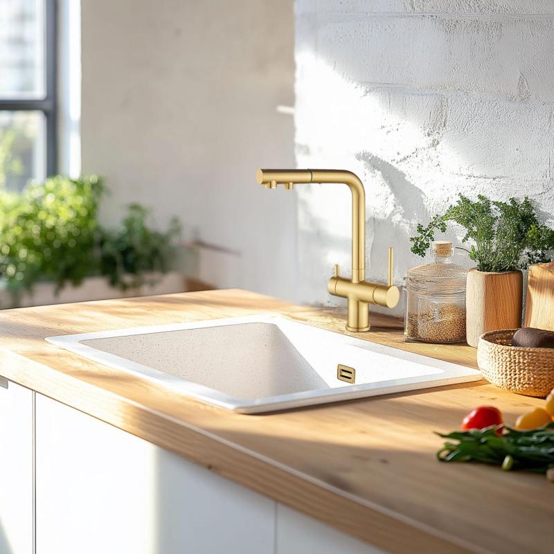 Ausmann Ellington 3-utas konyhai csaptelep kihúzható kifolyóval és szűrt vízzel – Arany – 1208970498