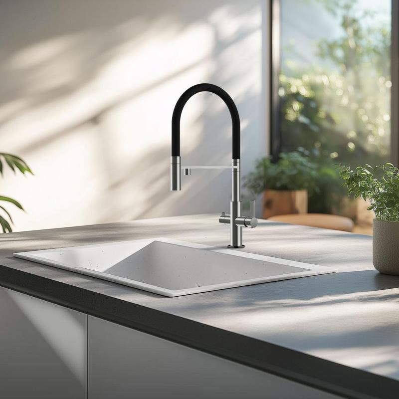 Ausmann Claridge 3-utas keverőcsaptelep rugalmas kifolyóval és szűrt vízzel – Szürke - 1208970502