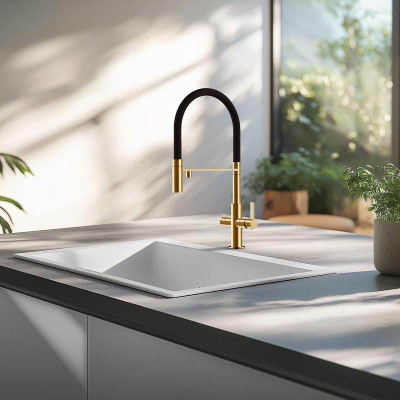 Ausmann Claridge 3-utas keverőcsaptelep rugalmas kifolyóval és szűrt vízzel – Arany - 1208970504