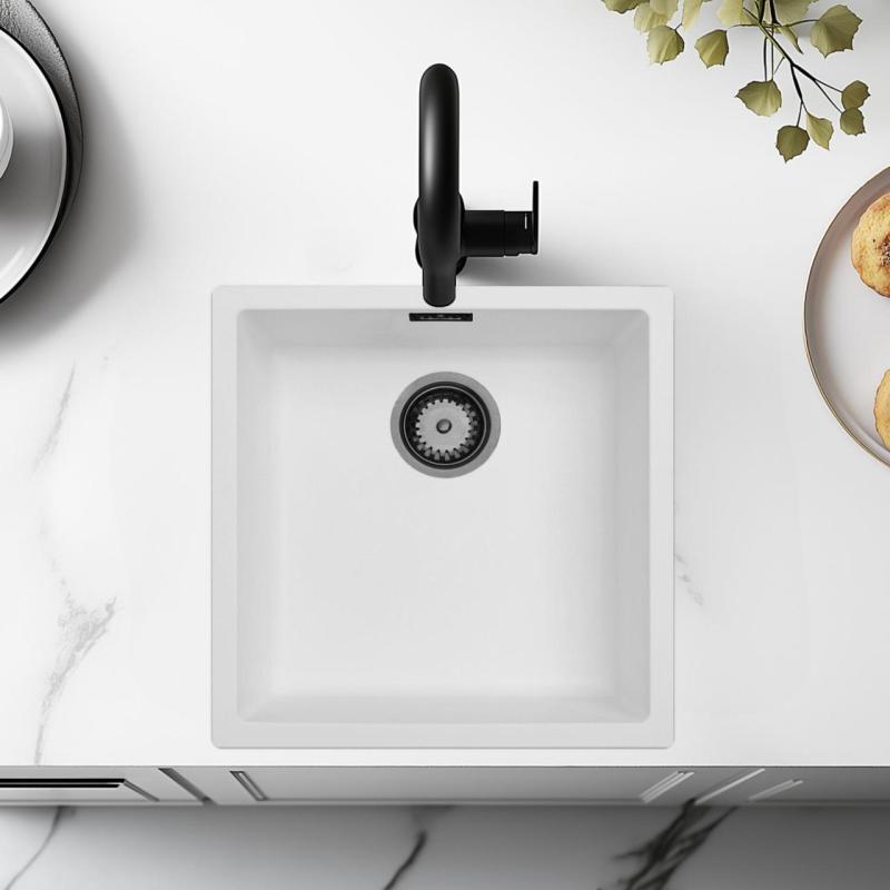 Fehér mosdótál 40x40 cm alsó, felső és süllyesztett beépítéssel, Gun Metal dugóval 1208970534