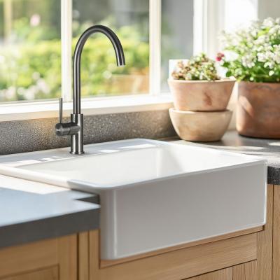 Ausmann Ceramic Panor Shade kerámia fehér Butler mosogató - alulról és középről szerelhető 630 x 597 mm, csaplyukkal és matt fekete dugóval 1208970554