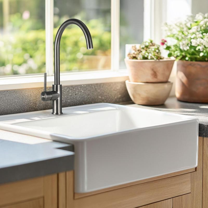 Ausmann Ceramic Panor Shade kerámia fehér Butler mosogató - alulról és középről szerelhető 630 x 597 mm, csaplyukkal és matt fekete dugóval 1208970554