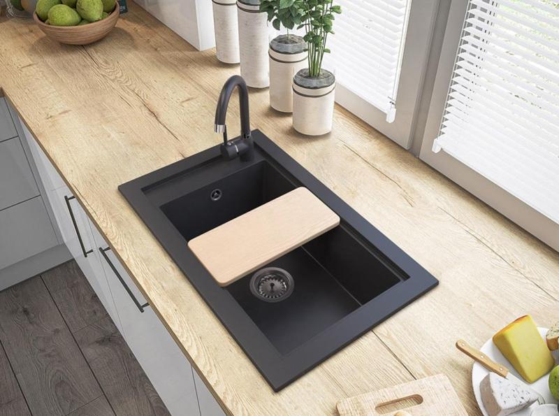 Graniteland Magra Gránit Fekete Felépítményes Mosogató 686 x 427 mm csaplyukkal és Rozsdamentes Acél Dugóval 1208970616
