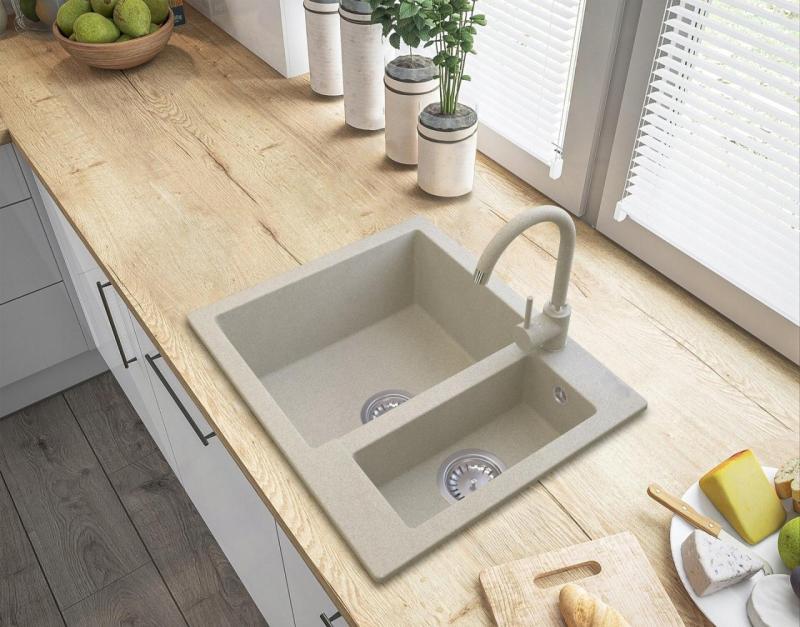 Graniteland Adda Gránit Bézs homok 1.5 Mosogató Felső szerelés 600x495mm rozsdamentes acél dugóval 1208970621