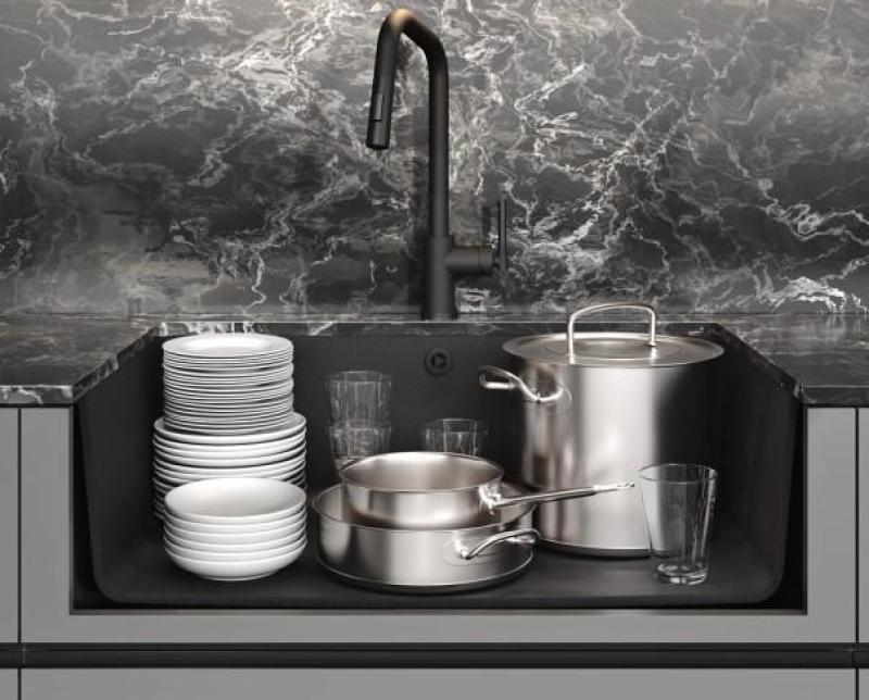 AquaGranite Modulo R19 nagy gránit fekete mosogató 76x43 cm beépíthető és felépíthető rozsdamentes acél lefolyóval 1208970688