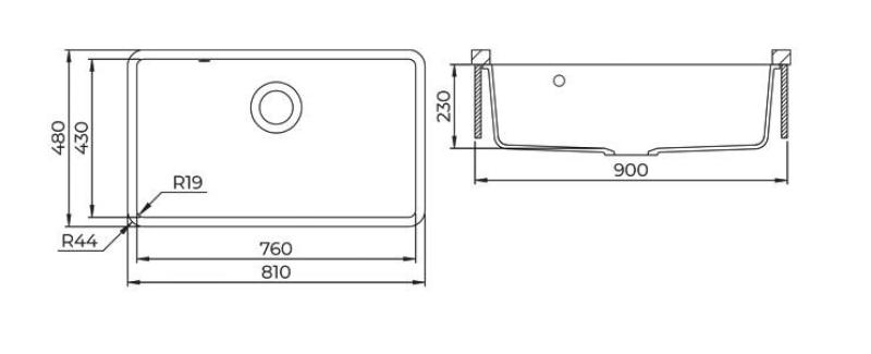 AquaGranite Modulo R19 nagy gránit fekete mosogató 76x43 cm beépíthető és felépíthető rozsdamentes acél lefolyóval 1208970688
