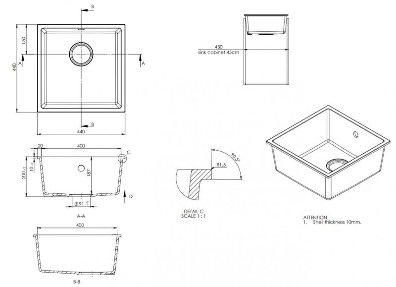 GraniteMy Universal Granit Szürke, sötét Mosogató 40x40 cm Felépítés, Alépítés és Lapbaépítés Rozsdamentes Acél Dugóval 1208970742