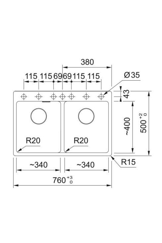 Franke Maris MRG 620 TL Fragranite Matt Fekete Kettős Mosogató 76 x 50 cm Felépítés Csaphellyel 114.0668.738