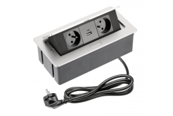 PUHA bútor aljzat 2x földelt aljzattal, USB A+C, tápkábel csatlakozóval, alumínium.