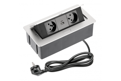 PUHA bútor aljzat 2x földelt aljzattal, USB A+C, tápkábel csatlakozóval, alumínium.