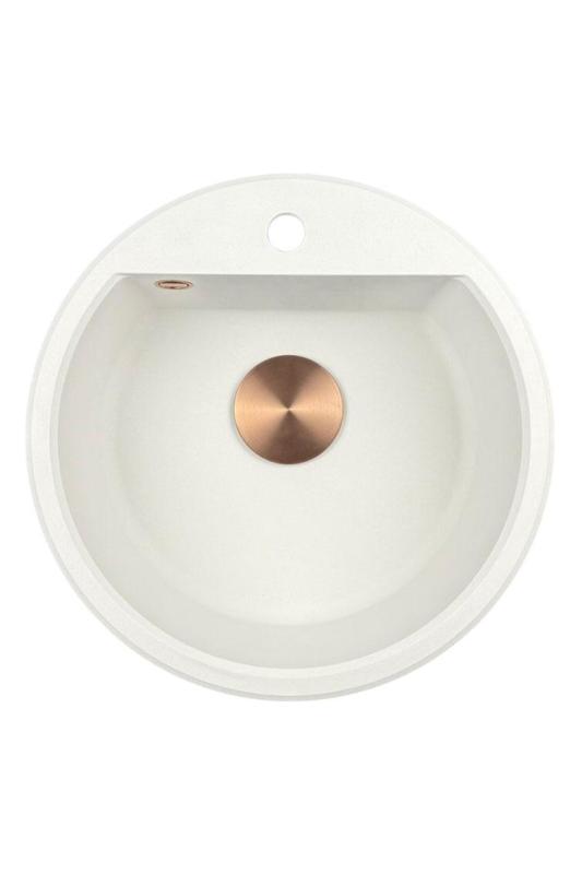 GraniteMy Bremen kerek gránit mosogató 43 cm fehér felső és alsó építésű csaplyukkal, réz dugóval 1208971222