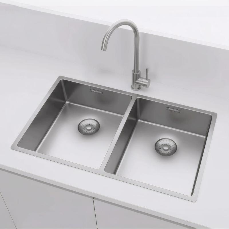 Pure.Sink Prestige Dupla rozsdamentes acél mosogató 70x40 cm 10mm sugárú alulról felszerelhető, lapos és felületre szerelhető PPG343440-02