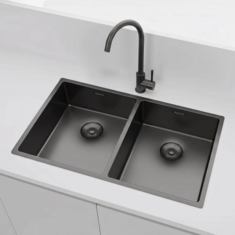 Pure.Sink Prestige Dupla Gun Metal mosogató 70x40 cm 10mm sugár alulról, laposan és felülről építve PPG343440-61