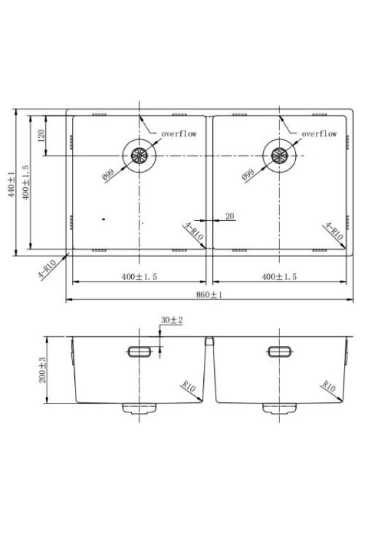 Pure.Sink Prestige Dupla rozsdamentes acél mosogató 82x40 cm 10mm sugárban, alulról, síkba és felülről építhető PPG404040-02