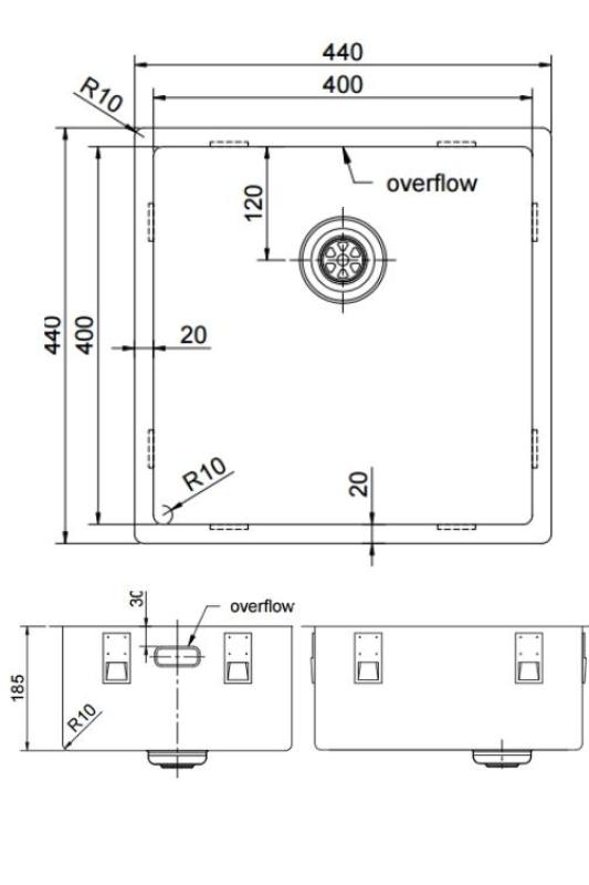 Pure.Sink Exclusivo RVS mosogató 40x40 cm 10mm sugárzású alulról, lapos építésű és felépítésű PEX4040-02