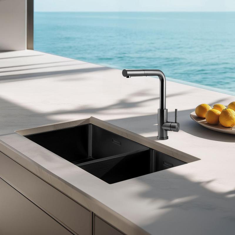 Pure.Sink Exclusivo Gun Metal 1,5 másfél mosogató 34+18 cm 10mm sugár PEX341840-61
