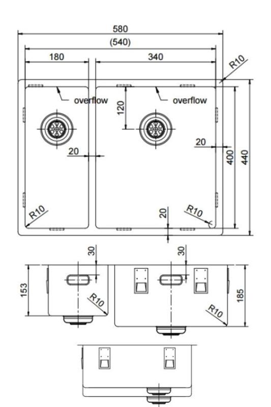 Pure.Sink Exclusivo Gun Metal 1,5 másfél mosogató 18+34 cm  10mm sugár PEX183440-61