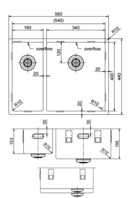 Pure.Sink Exclusivo Réz 1,5 másfél mosogató 18+34cm 10mm sugár PEX183440-62