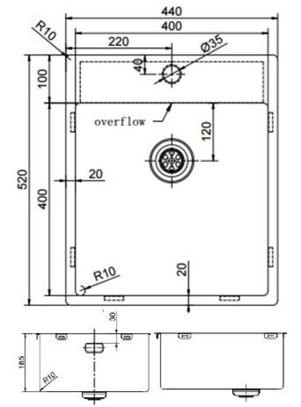 Pure.Sink Exclusivo RVS mosogató 44x52 cm Tapwing csaplyukkal 10mm sugárban PEX4040T-02