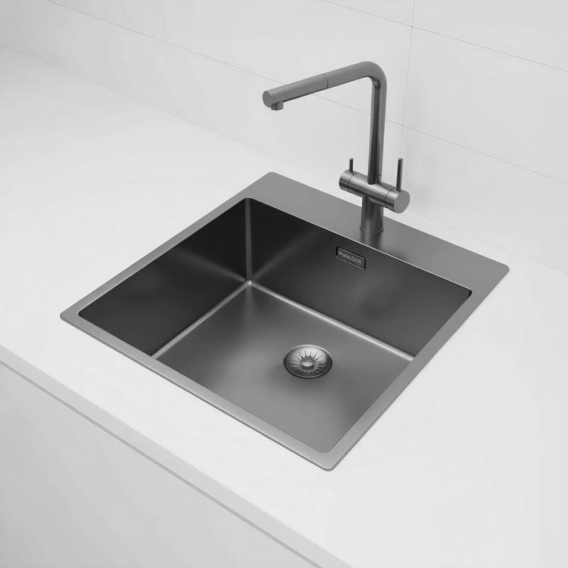 Pure.Sink Exclusivo Gun Metal mosogató 49x52 cm Tapwing csaplyukkal 10mm sugárban PEX4540T-61