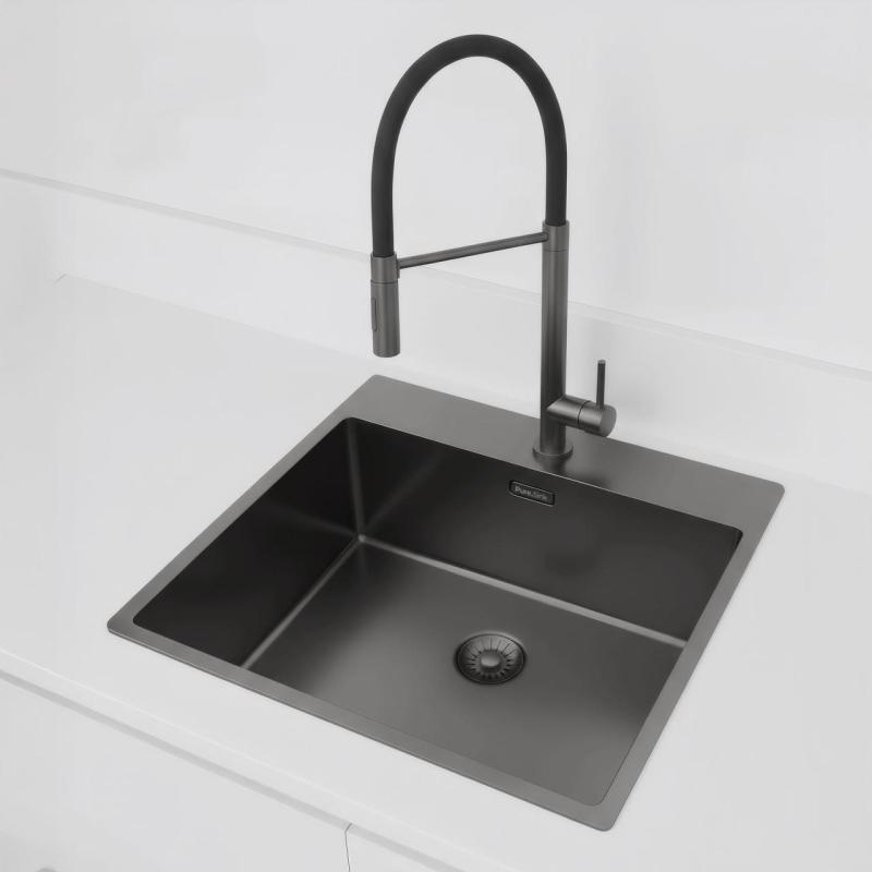 Pure.Sink Exclusivo Gun Metal mosogató 54x52 cm Tapwing csaplyukkal 10mm sugárban PEX5040T-61