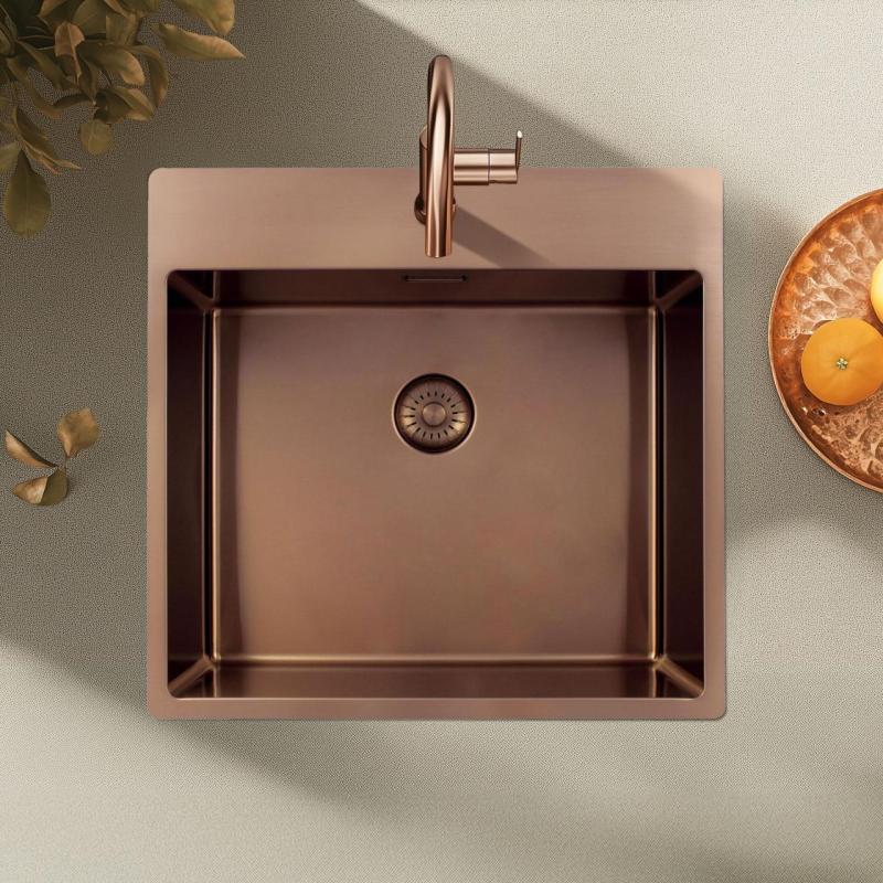 Pure.Sink Exclusivo Réz mosogató 54x52 cm Csapattal felszerelt csaplyukbank 10mm sugár PEX5040T-62