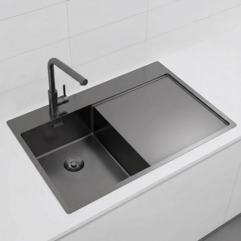 Pure.Sink Exclusivo Gun Metal kis mosogató medence csepegtetővel 78x52 cm Tapwing bal PEX3478LT-61