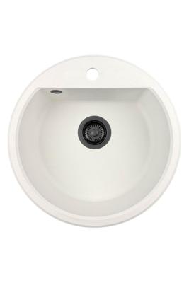 GraniteMy Bremen kerek gránit mosogató 43 cm fehér, felületre és aláépíthető, csaplyukkal és fekete dugóval 1208971312