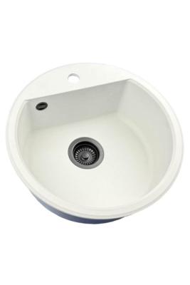 GraniteMy Bremen kerek gránit mosogató 43 cm fehér, felületre és aláépíthető, csaplyukkal és fekete dugóval 1208971312