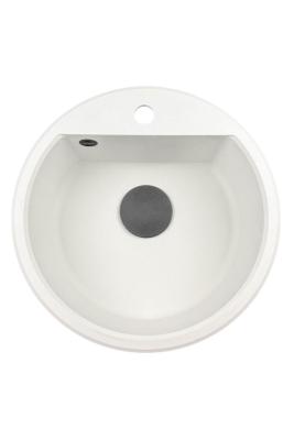 GraniteMy Bremen kerek gránit mosogató 43 cm fehér, felületre és aláépíthető, csaplyukkal és fekete dugóval 1208971312