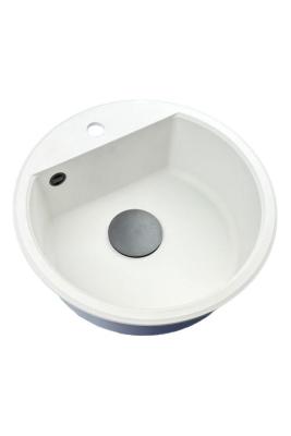 GraniteMy Bremen kerek gránit mosogató 43 cm fehér, felületre és aláépíthető, csaplyukkal és fekete dugóval 1208971312